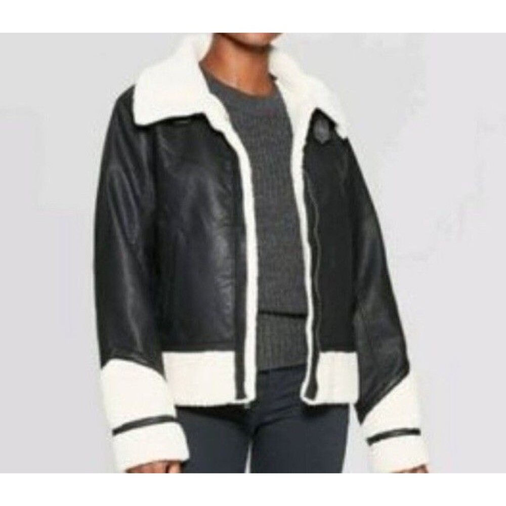 Womens Y2K Faux Leather Sherpa Aviator Jacker Size XS Black Bratzcore Moto Retro - Picture 13 of 14